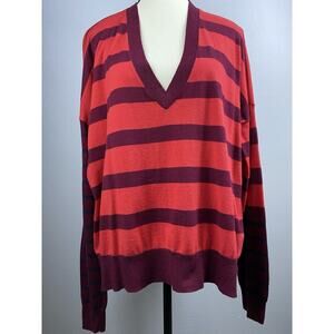Derek Lam Denim Sz M Deep V Red Striped Slvs Contrasting Design High Low Slits